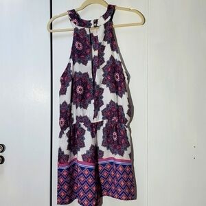 Be you Be Free- Womens White/Purple Floral Print Romper Open Back Boho Sz.XL
